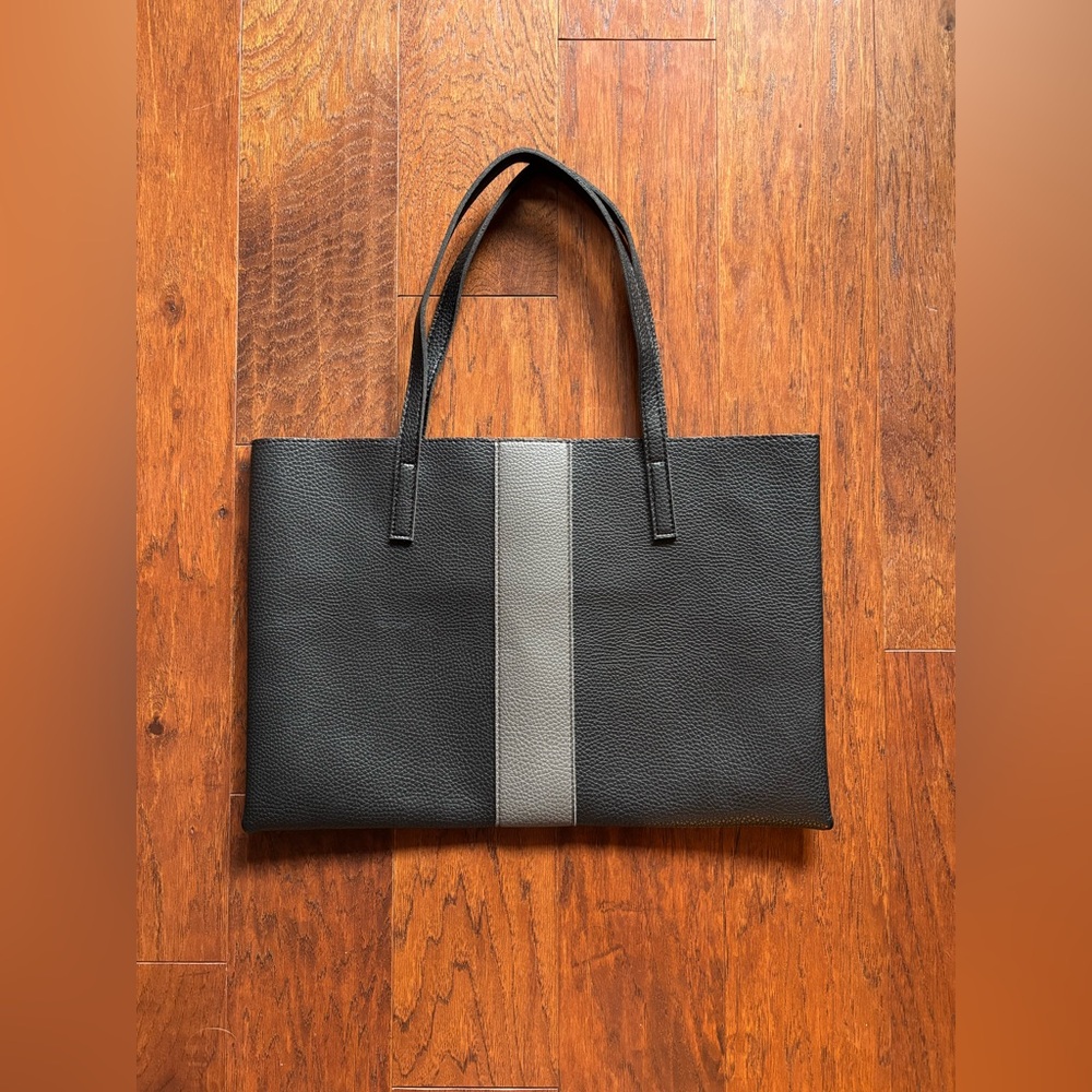 Vince Camuto Black Leather Shoulder Tote Bag with Gray Stripe